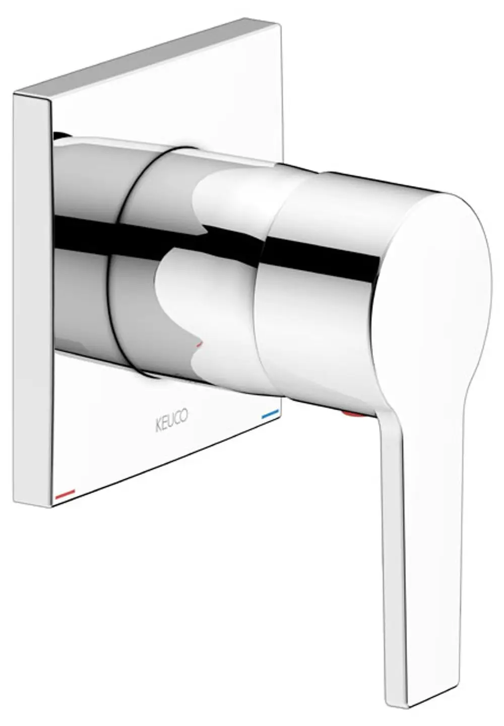 Chromfarbener Wandmontage-Armatur von Keuco mit runder Griffwelle. Die Vorrichtung zeigt Verbindungspunkte für kaltes und warmes Wasser in minimalistischem Design.
